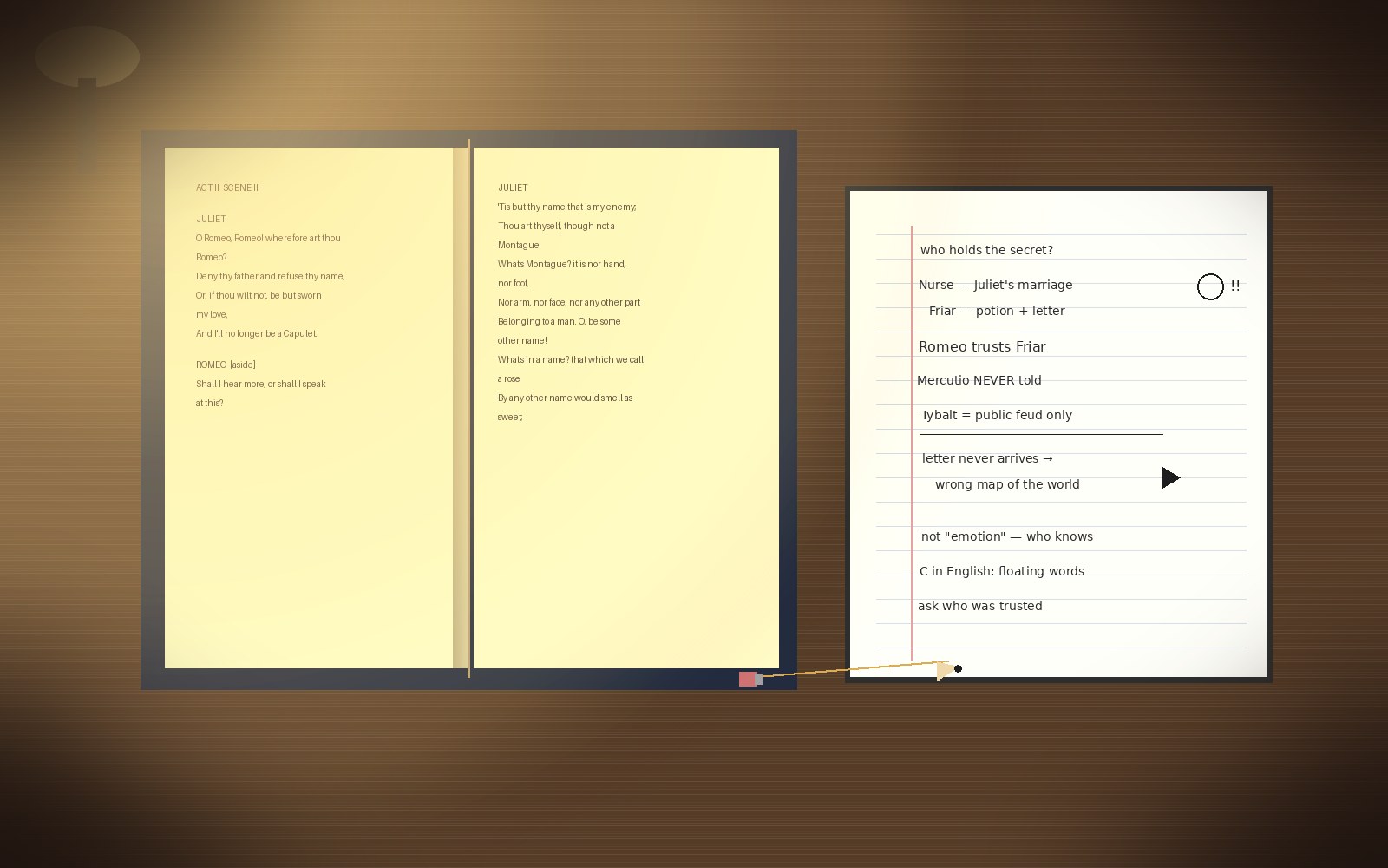 Open Romeo and Juliet paperback beside a notebook of handwritten notes about who keeps secrets, pencil and warm desk lamp light