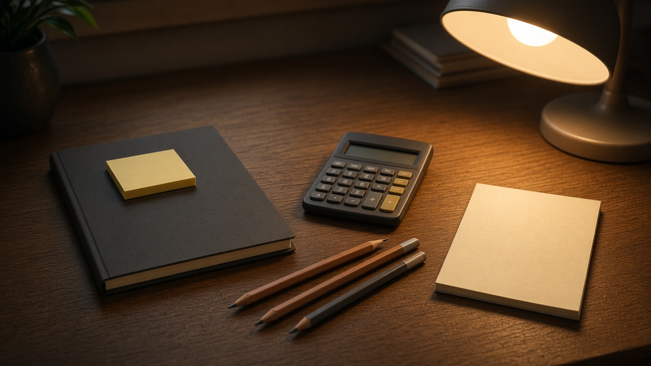 Still life of a sketchbook, calculator, and pencils under a warm desk lamp
