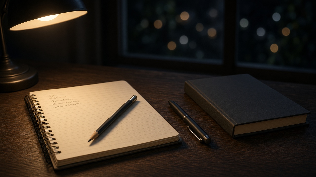 Still life of an open notebook and pencil under a desk lamp on a wooden desk at night