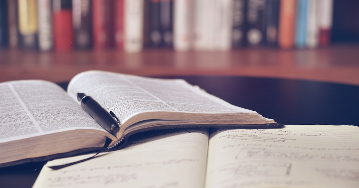 Open book on a wooden desk beside a cup and pencil, warm afternoon light