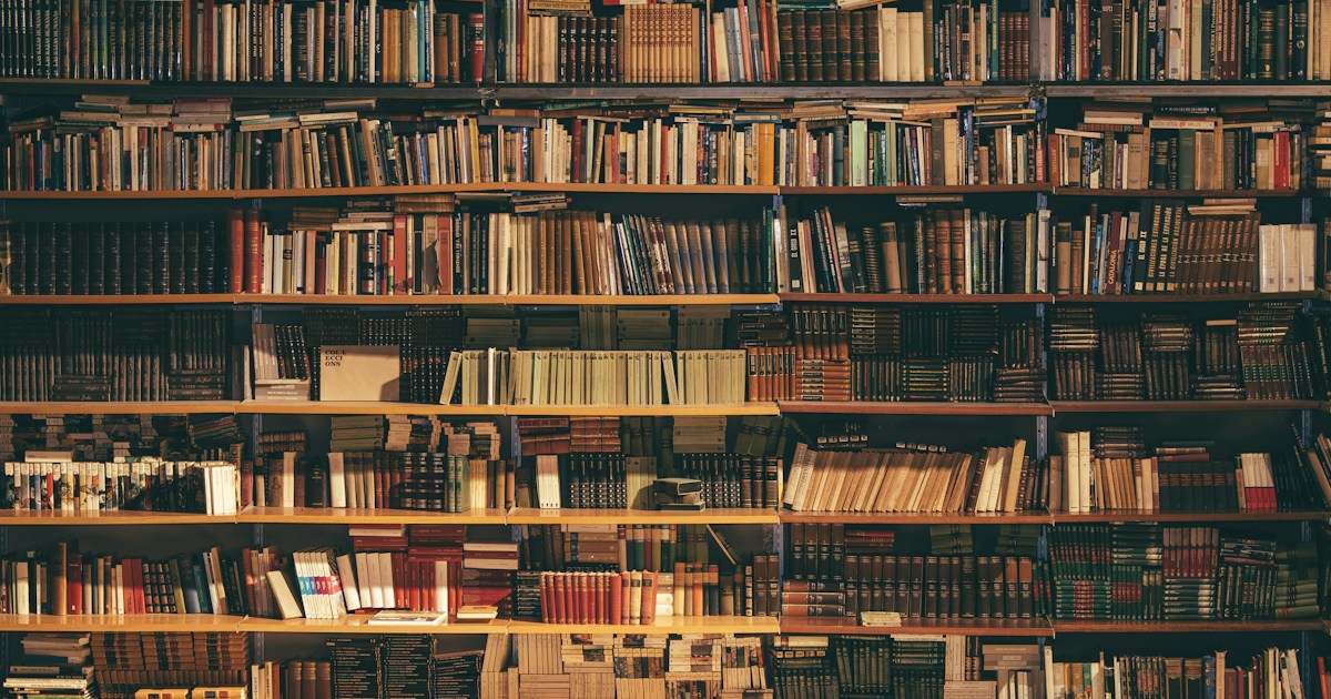 Rows of old books on wooden shelves in a quiet library, warm ambient light